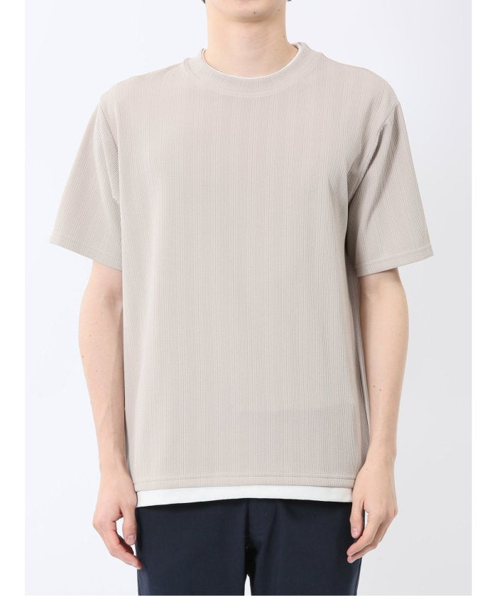 ストライプジャガード クルーネック半袖Tシャツ (アイボリー) メンズ Tシャツ カットソー カジュアル インナー トップス ギフト プレゼント 紺