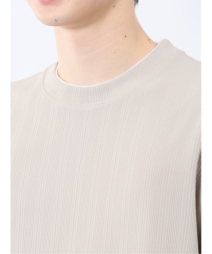 ストライプジャガード クルーネック半袖Tシャツ (アイボリー) メンズ Tシャツ カットソー カジュアル インナー トップス ギフト プレゼント 紺