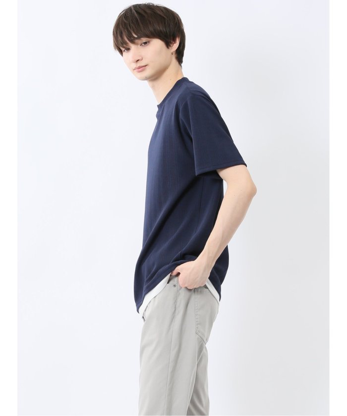 ストライプジャガード クルーネック半袖Tシャツ (アイボリー) メンズ Tシャツ カットソー カジュアル インナー トップス ギフト プレゼント 紺