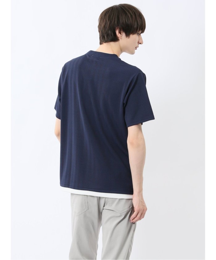 ストライプジャガード クルーネック半袖Tシャツ (アイボリー) メンズ Tシャツ カットソー カジュアル インナー トップス ギフト プレゼント 紺