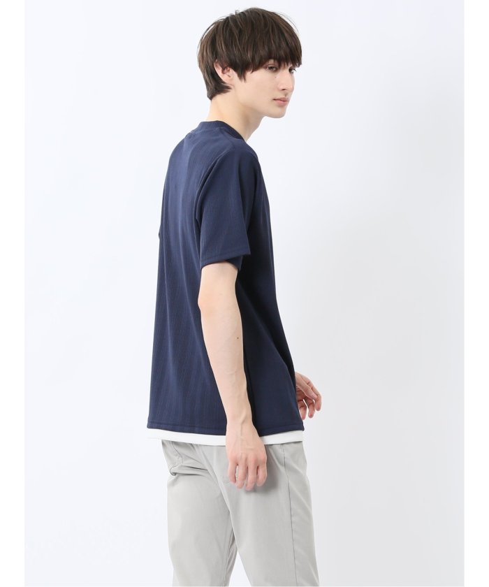 ストライプジャガード クルーネック半袖Tシャツ (アイボリー) メンズ Tシャツ カットソー カジュアル インナー トップス ギフト プレゼント 紺