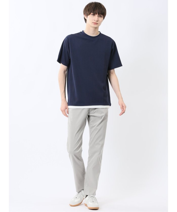 ストライプジャガード クルーネック半袖Tシャツ (アイボリー) メンズ Tシャツ カットソー カジュアル インナー トップス ギフト プレゼント 紺