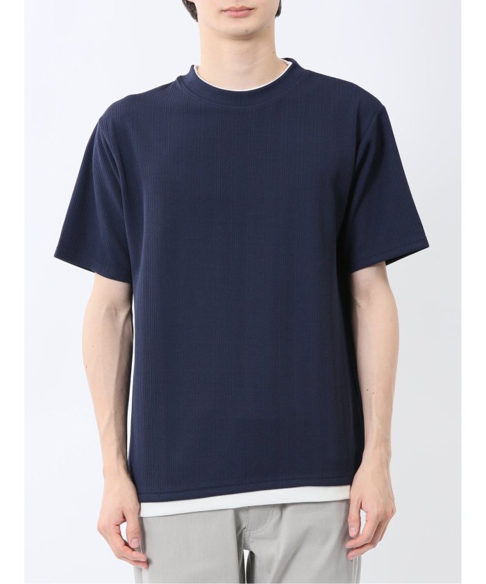 ストライプジャガード クルーネック半袖Tシャツ (アイボリー) メンズ Tシャツ カットソー カジュアル インナー トップス ギフト プレゼント 紺