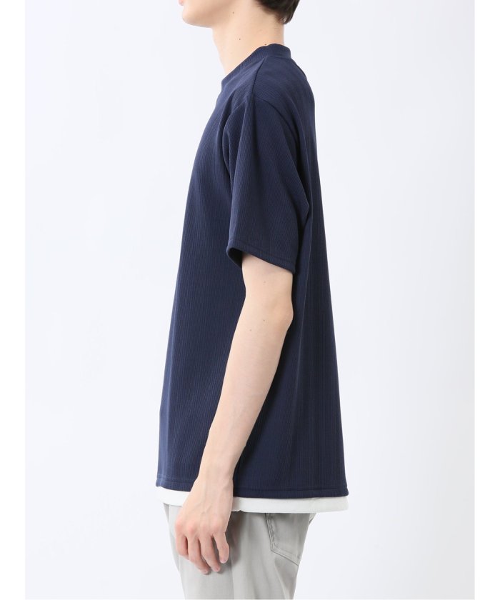 ストライプジャガード クルーネック半袖Tシャツ (アイボリー) メンズ Tシャツ カットソー カジュアル インナー トップス ギフト プレゼント 紺