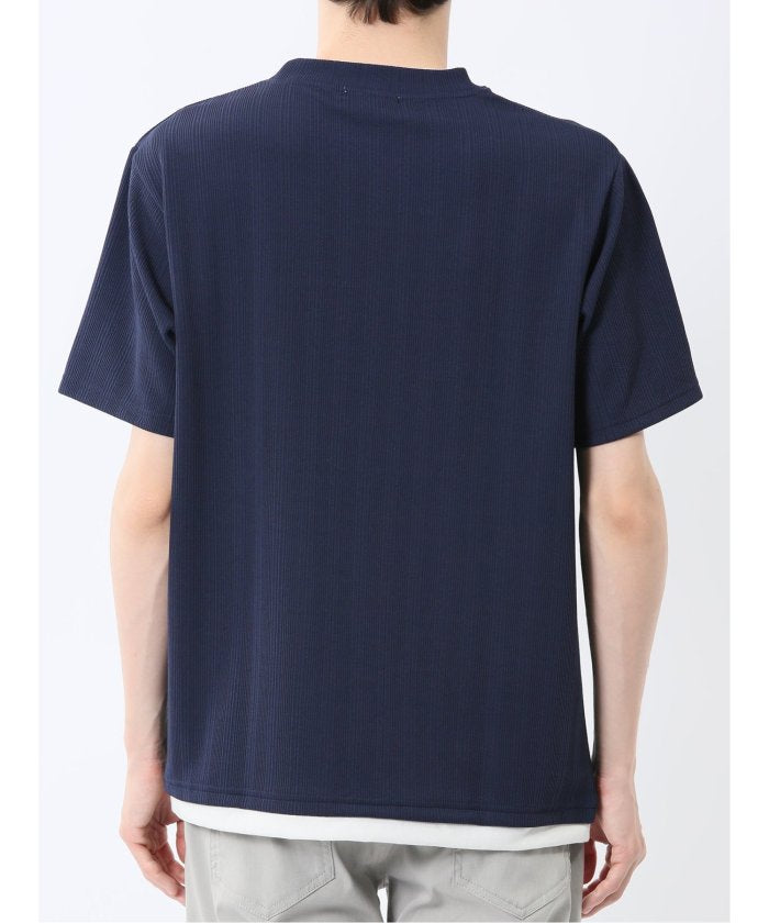 ストライプジャガード クルーネック半袖Tシャツ (アイボリー) メンズ Tシャツ カットソー カジュアル インナー トップス ギフト プレゼント 紺