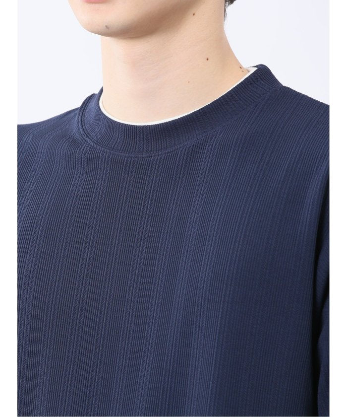 ストライプジャガード クルーネック半袖Tシャツ (アイボリー) メンズ Tシャツ カットソー カジュアル インナー トップス ギフト プレゼント 紺