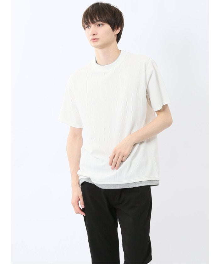 ストライプジャガード クルーネック半袖Tシャツ (アイボリー) メンズ Tシャツ カットソー カジュアル インナー トップス ギフト プレゼント アイボリー