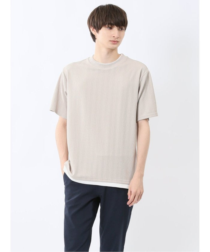 ストライプジャガード クルーネック半袖Tシャツ (ベージュ) メンズ Tシャツ カットソー カジュアル インナー トップス ギフト プレゼント ベージュ