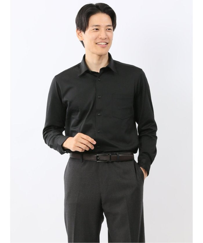 エムエフエディトリアル m.f.editorial 形態安定 吸水速乾 ストレッチ スタンダードフィット ショートワイドカラー長袖ニットシャツ (黒) 黒