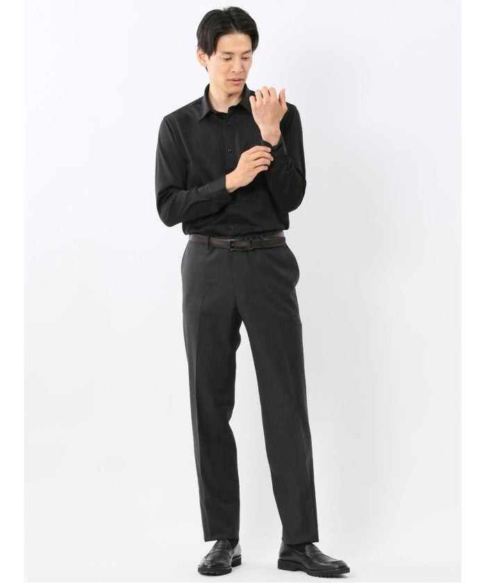 エムエフエディトリアル m.f.editorial 形態安定 吸水速乾 ストレッチ スタンダードフィット ショートワイドカラー長袖ニットシャツ (黒) 黒