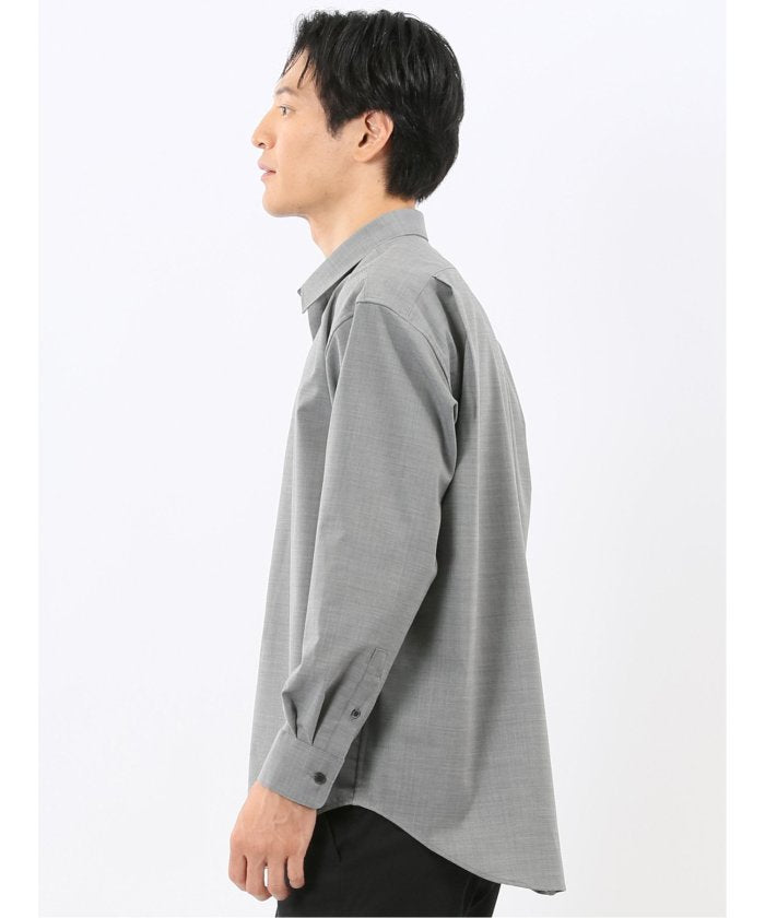 ウール混ストレッチ レギュラーカラー長袖シャツ (グレー) こげ茶