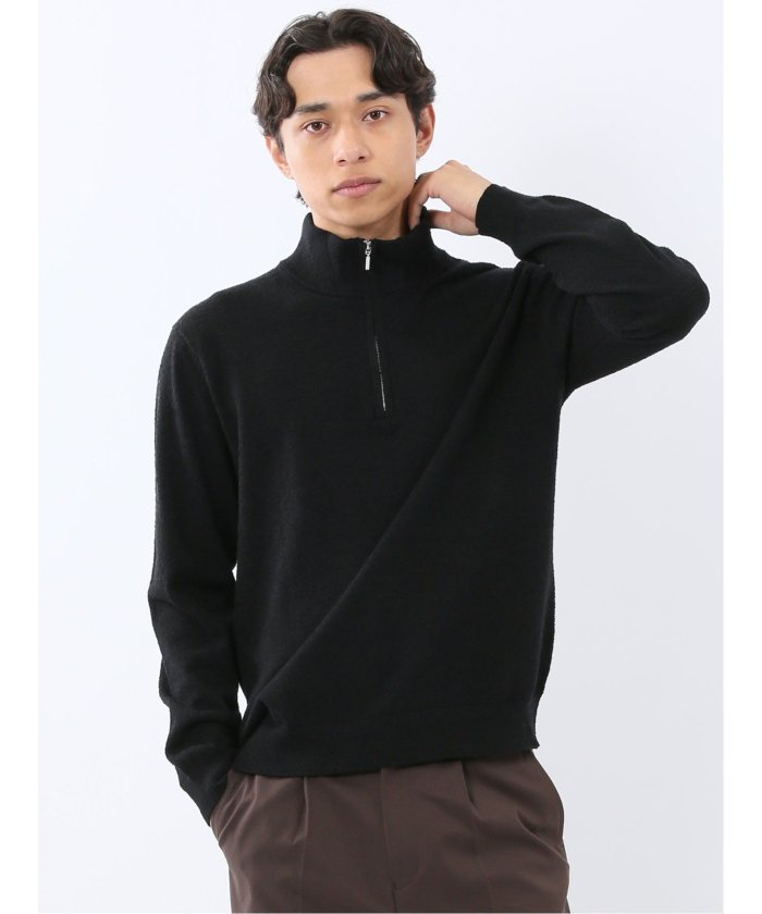 ウォッシャブル ブークレ ハーフジップニット (黒) 黒