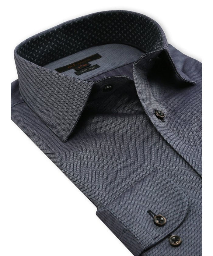 エムエフエディトリアル m.f.editorial イージーアイロン ストレッチ NEWスタンダードフィット ショートワイドカラー長袖シャツ (紺) 紺