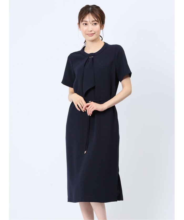 エムエフエディトリアル m.f.editorial ストレッチウォッシャブル 半袖サックワンピース 紺(セットアップ可能) (紺) 紺