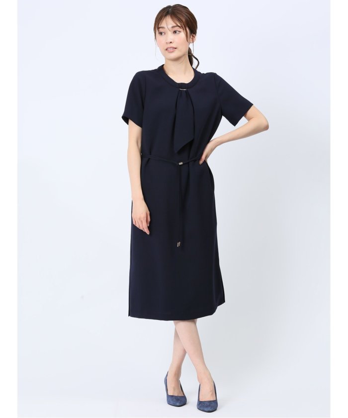 エムエフエディトリアル m.f.editorial ストレッチウォッシャブル 半袖サックワンピース 紺(セットアップ可能) (紺) 紺