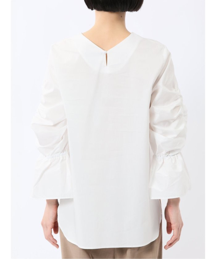 袖ギャザー Vネック プルオーバーブラウス (白) 半袖 レディース シャツ カットソー トップス ブラウス カジュアル インナー ビジネス ギフト プレゼント 白