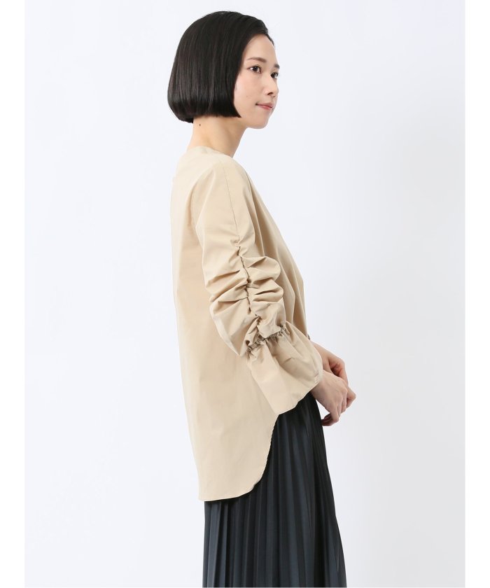 袖ギャザー Vネック プルオーバーブラウス (白) 半袖 レディース シャツ カットソー トップス ブラウス カジュアル インナー ビジネス ギフト プレゼント 白