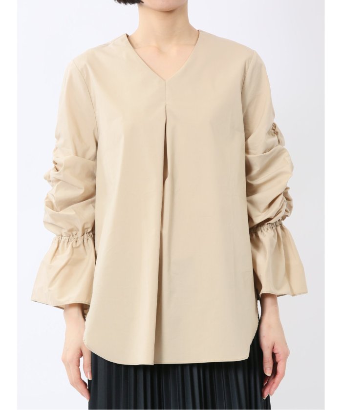 袖ギャザー Vネック プルオーバーブラウス (白) 半袖 レディース シャツ カットソー トップス ブラウス カジュアル インナー ビジネス ギフト プレゼント 白