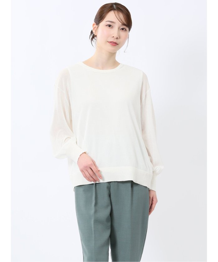 シアーニット&タンクトップ アンサンブル (白) 長袖 レディース シャツ カットソー トップス ブラウス カジュアル インナー ビジネス ギフト プレゼント 白