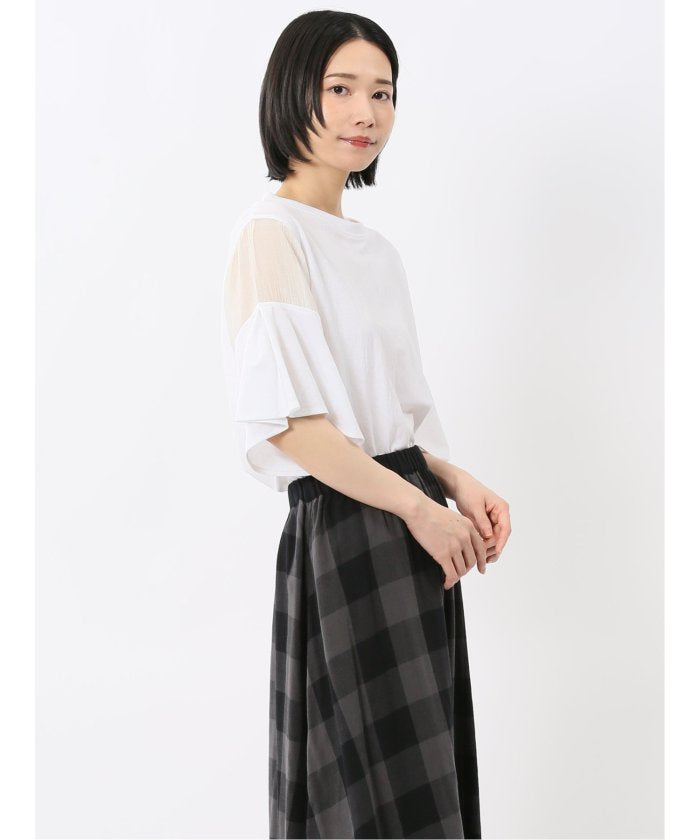 シアー切替 クルーネック 5分袖プルオーバー (黒) 半袖 レディース シャツ カットソー トップス ブラウス カジュアル インナー ビジネス ギフト プレゼント 黒