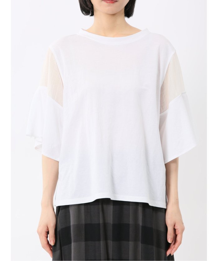 シアー切替 クルーネック 5分袖プルオーバー (黒) 半袖 レディース シャツ カットソー トップス ブラウス カジュアル インナー ビジネス ギフト プレゼント 黒