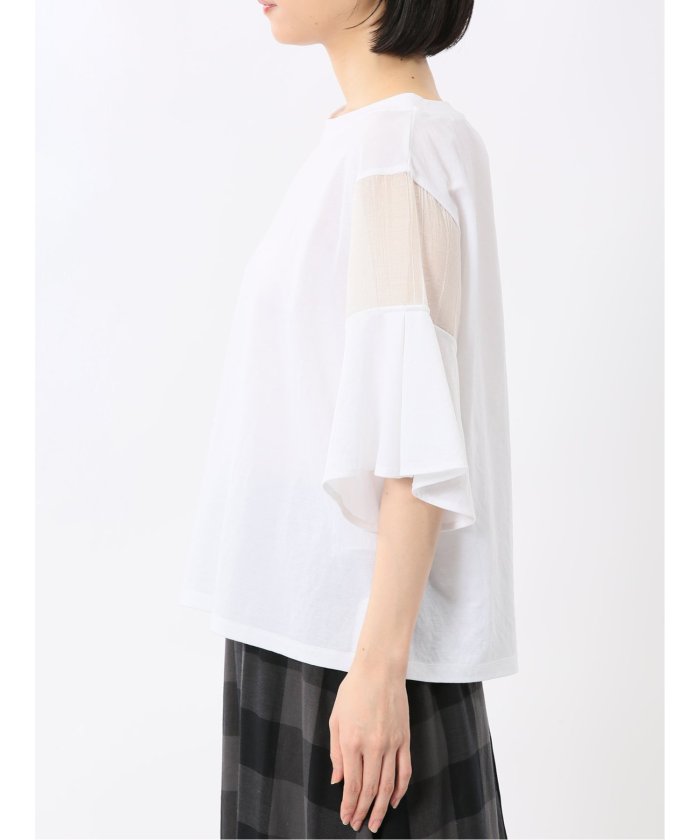 シアー切替 クルーネック 5分袖プルオーバー (黒) 半袖 レディース シャツ カットソー トップス ブラウス カジュアル インナー ビジネス ギフト プレゼント 黒