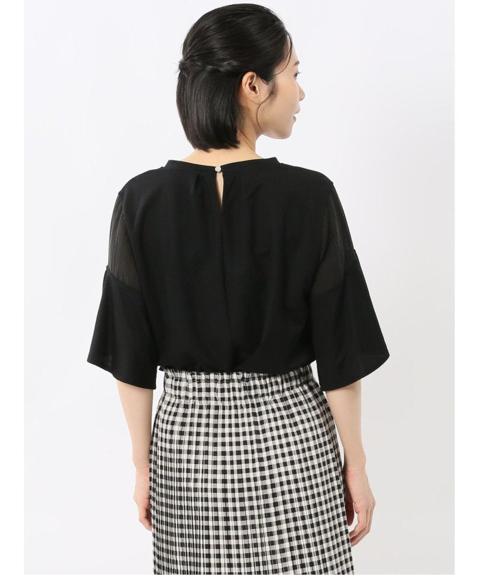 シアー切替 クルーネック 5分袖プルオーバー (黒) 半袖 レディース シャツ カットソー トップス ブラウス カジュアル インナー ビジネス ギフト プレゼント 黒