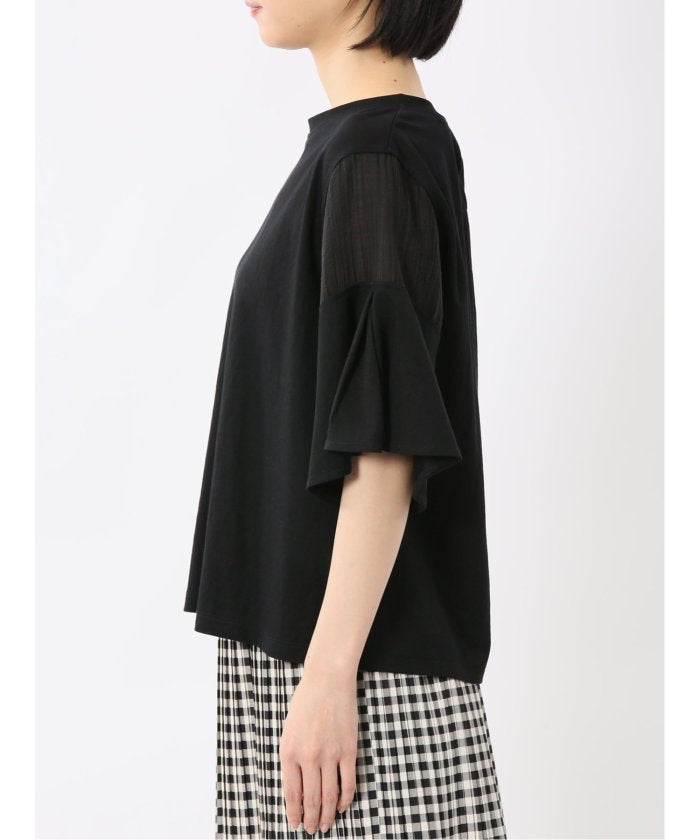 シアー切替 クルーネック 5分袖プルオーバー (黒) 半袖 レディース シャツ カットソー トップス ブラウス カジュアル インナー ビジネス ギフト プレゼント 黒