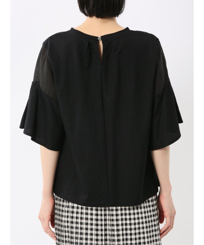 シアー切替 クルーネック 5分袖プルオーバー (黒) 半袖 レディース シャツ カットソー トップス ブラウス カジュアル インナー ビジネス ギフト プレゼント 黒