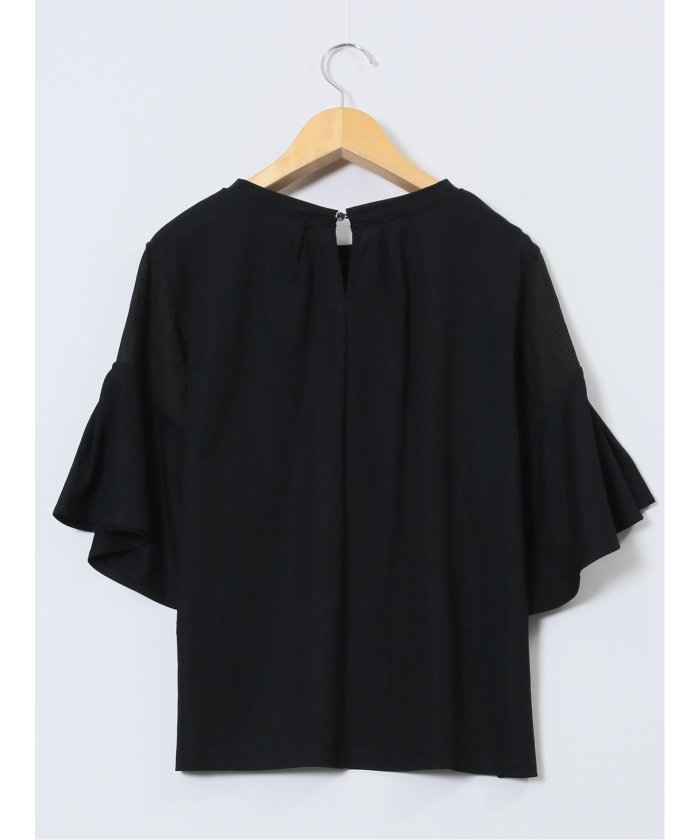 シアー切替 クルーネック 5分袖プルオーバー (黒) 半袖 レディース シャツ カットソー トップス ブラウス カジュアル インナー ビジネス ギフト プレゼント 黒