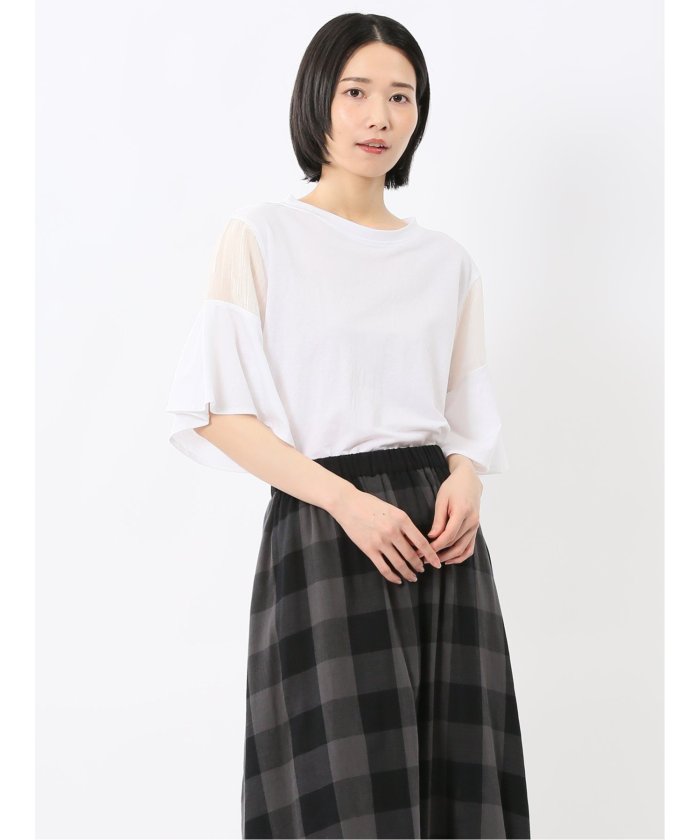 シアー切替 クルーネック 5分袖プルオーバー (白) 半袖 レディース シャツ カットソー トップス ブラウス カジュアル インナー ビジネス ギフト プレゼント 白