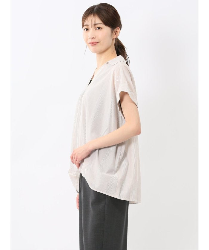 フロントタックかぶり スキッパーシャツ (黒) 半袖 レディース シャツ カットソー トップス ブラウス カジュアル インナー ビジネス ギフト プレゼント 黒