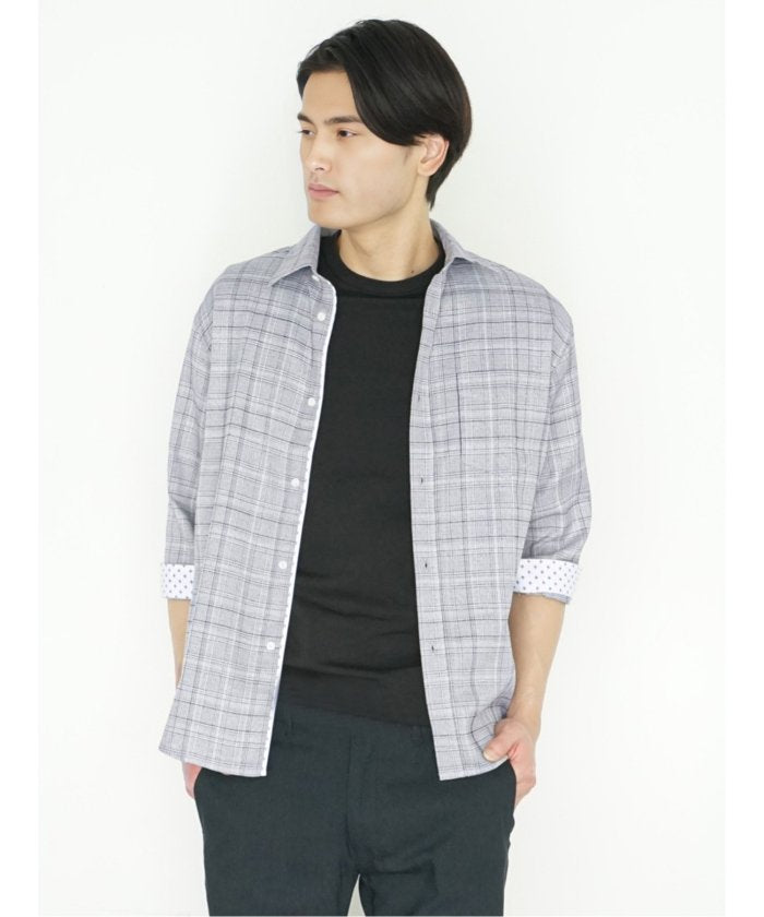 タカキュー TAKA-Q DRY ワッフルチェック レギュラーカラー7分袖シャツ メンズ シャツ カジュアル トップス インナー ギフト プレゼント ライトアウター アウター (ライトグレー) ライトグレー