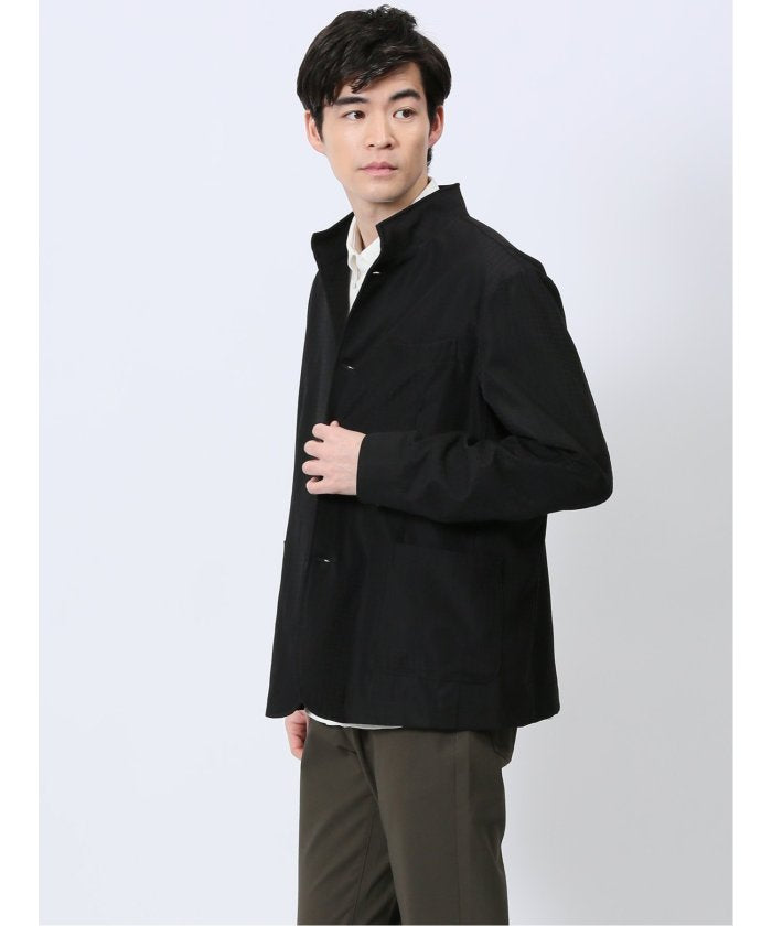 ストレッチ 千鳥ジャガード スタンドシャツアウター (ライトグレー) メンズ シャツ カジュアル トップス インナー 半袖 5分袖 ギフト プレゼント ライトアウター カーディガン アウター ライトグレー