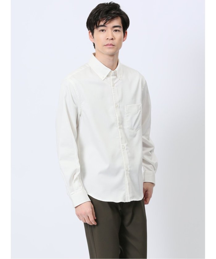 ストレッチ シャンブレー ボタンダウン長袖シャツ (白) メンズ シャツ カジュアル トップス インナー 長袖 ギフト プレゼント ライトアウター カーディガン アウター 白