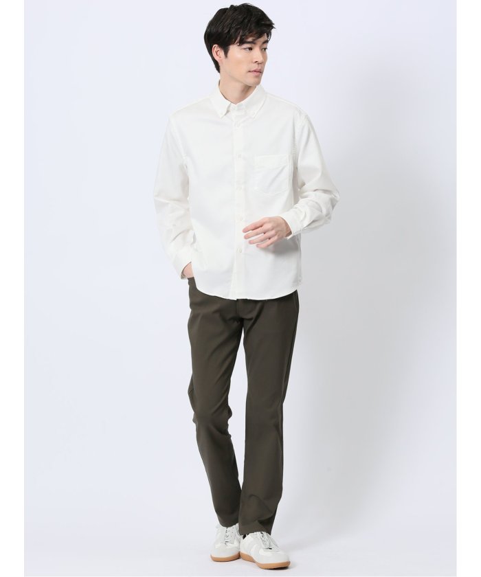 ストレッチ シャンブレー ボタンダウン長袖シャツ (白) メンズ シャツ カジュアル トップス インナー 長袖 ギフト プレゼント ライトアウター カーディガン アウター 白