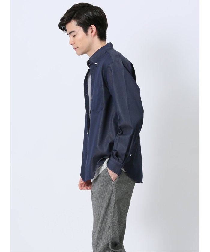 ストレッチ シャンブレー ボタンダウン長袖シャツ (白) メンズ シャツ カジュアル トップス インナー 長袖 ギフト プレゼント ライトアウター カーディガン アウター 白