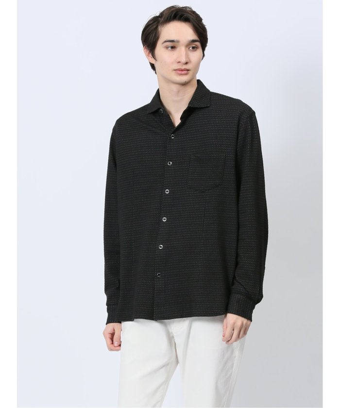 ストレッチジャガード ワイドカラー長袖シャツ (黒) メンズ シャツ カジュアル トップス インナー 長袖 ギフト プレゼント ライトアウター カーディガン アウター 黒