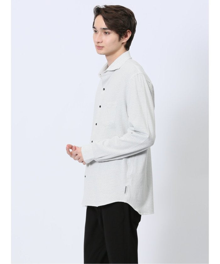 ストレッチジャガード ワイドカラー長袖シャツ (黒) メンズ シャツ カジュアル トップス インナー 長袖 ギフト プレゼント ライトアウター カーディガン アウター 黒