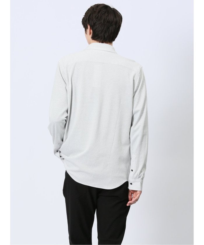 ストレッチジャガード ワイドカラー長袖シャツ (黒) メンズ シャツ カジュアル トップス インナー 長袖 ギフト プレゼント ライトアウター カーディガン アウター 黒