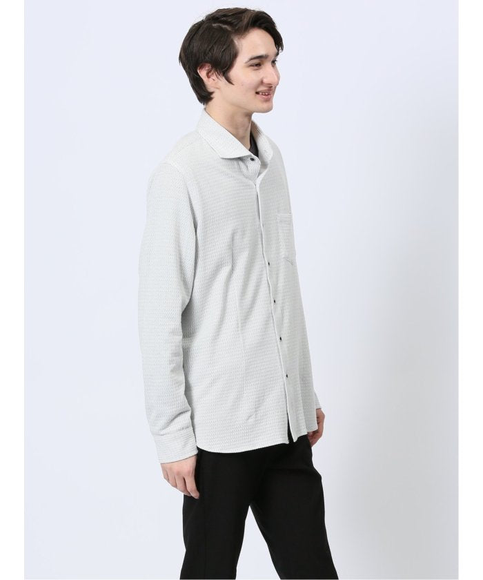 ストレッチジャガード ワイドカラー長袖シャツ (黒) メンズ シャツ カジュアル トップス インナー 長袖 ギフト プレゼント ライトアウター カーディガン アウター 黒