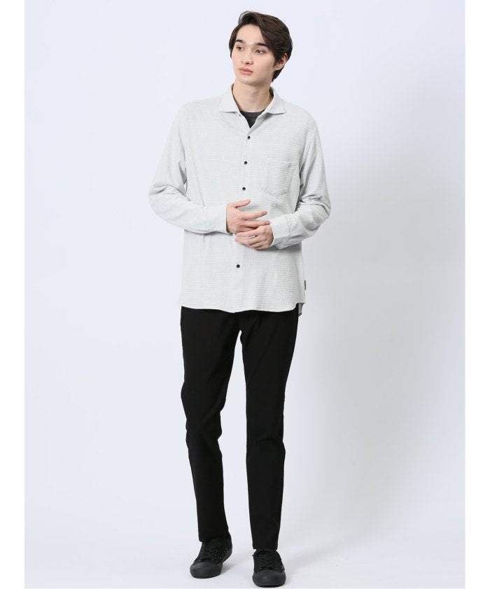 ストレッチジャガード ワイドカラー長袖シャツ (黒) メンズ シャツ カジュアル トップス インナー 長袖 ギフト プレゼント ライトアウター カーディガン アウター 黒