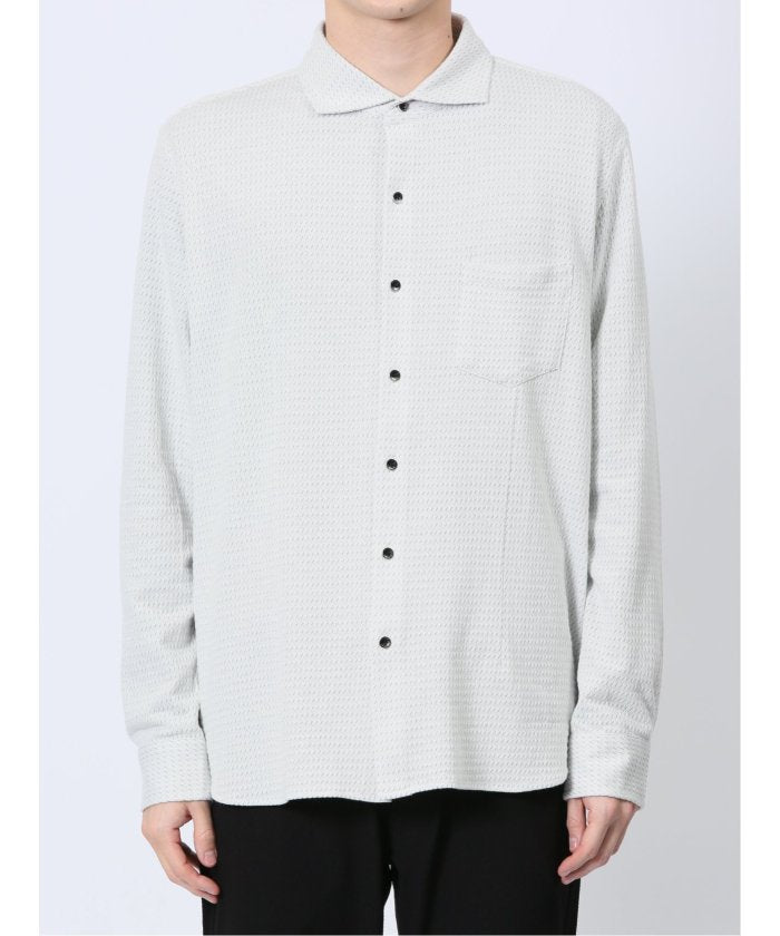 ストレッチジャガード ワイドカラー長袖シャツ (黒) メンズ シャツ カジュアル トップス インナー 長袖 ギフト プレゼント ライトアウター カーディガン アウター 黒