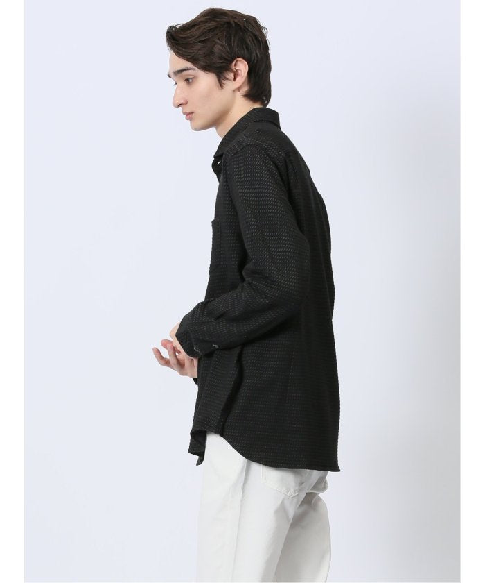 ストレッチジャガード ワイドカラー長袖シャツ (黒) メンズ シャツ カジュアル トップス インナー 長袖 ギフト プレゼント ライトアウター カーディガン アウター 黒