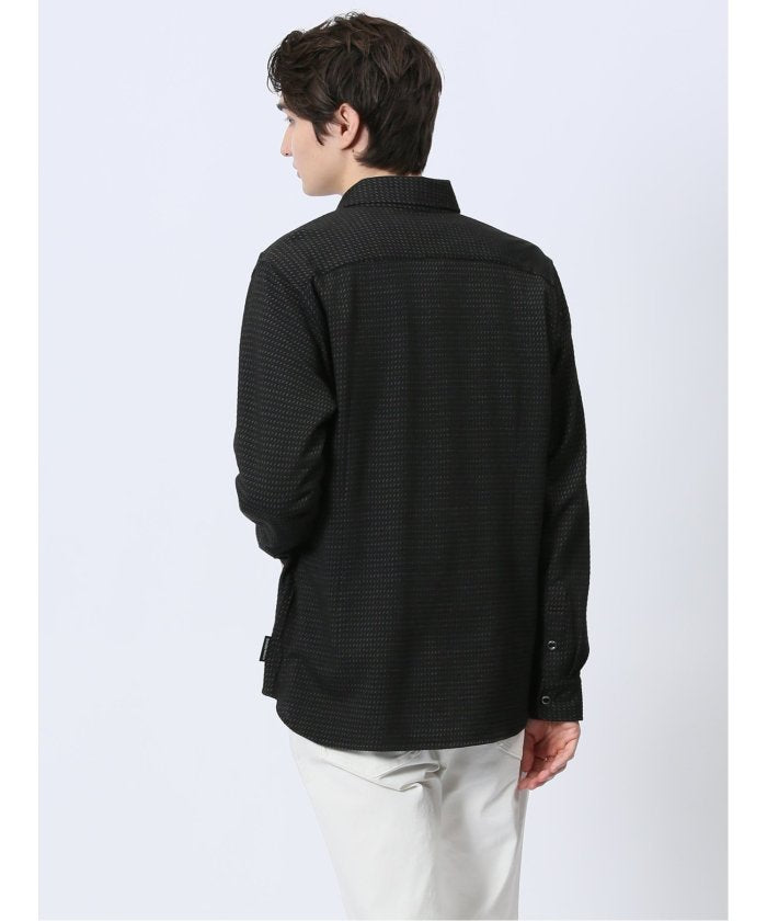 ストレッチジャガード ワイドカラー長袖シャツ (黒) メンズ シャツ カジュアル トップス インナー 長袖 ギフト プレゼント ライトアウター カーディガン アウター 黒