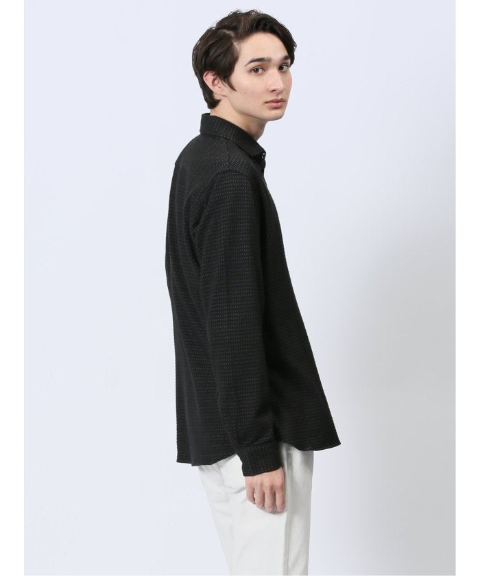 ストレッチジャガード ワイドカラー長袖シャツ (黒) メンズ シャツ カジュアル トップス インナー 長袖 ギフト プレゼント ライトアウター カーディガン アウター 黒