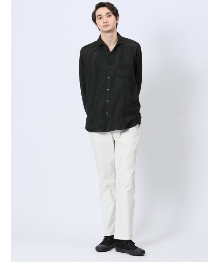 ストレッチジャガード ワイドカラー長袖シャツ (黒) メンズ シャツ カジュアル トップス インナー 長袖 ギフト プレゼント ライトアウター カーディガン アウター 黒