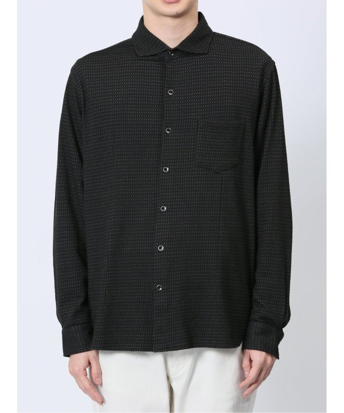 ストレッチジャガード ワイドカラー長袖シャツ (黒) メンズ シャツ カジュアル トップス インナー 長袖 ギフト プレゼント ライトアウター カーディガン アウター 黒