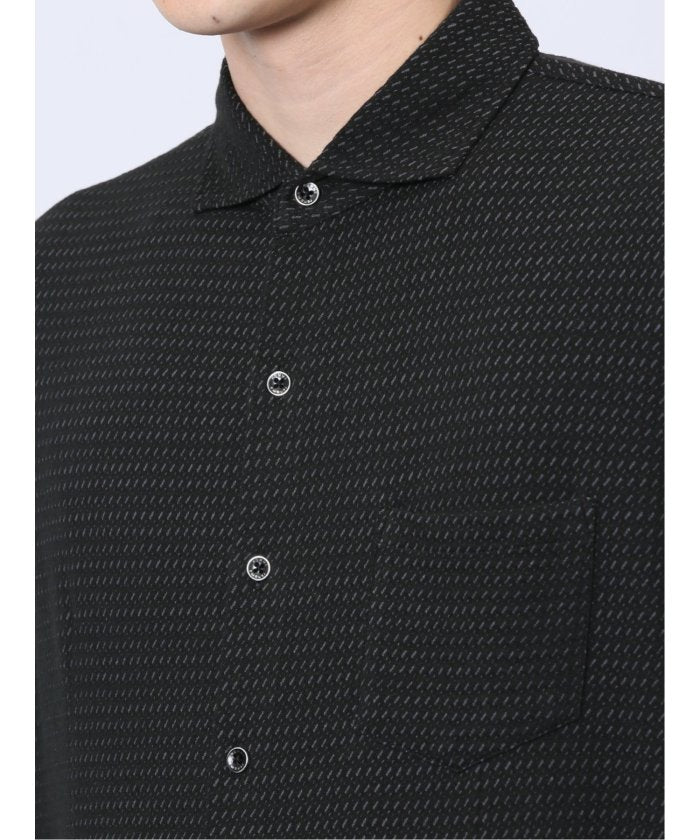 ストレッチジャガード ワイドカラー長袖シャツ (黒) メンズ シャツ カジュアル トップス インナー 長袖 ギフト プレゼント ライトアウター カーディガン アウター 黒