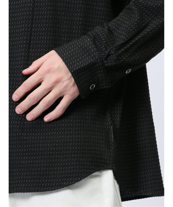 ストレッチジャガード ワイドカラー長袖シャツ (黒) メンズ シャツ カジュアル トップス インナー 長袖 ギフト プレゼント ライトアウター カーディガン アウター 黒